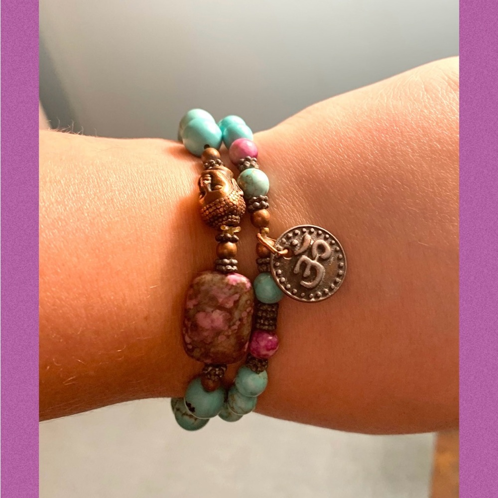Turquoise and Bronze Buddha Beaded Bracelet